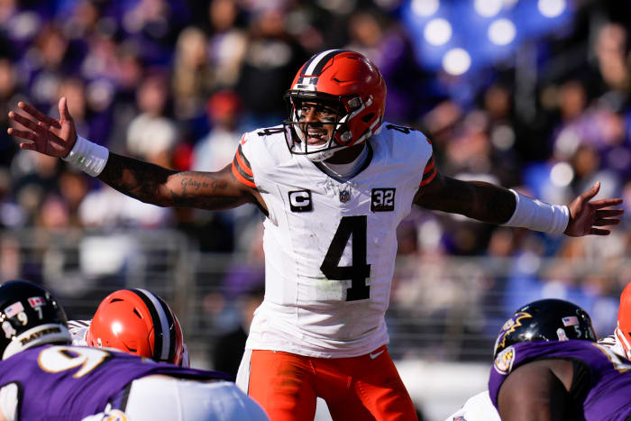 Nov 12, 2023; Baltimore, Maryland, USA; Cleveland Browns quarterback Deshaun Watson (4) calls out to teammates before the snap against the Baltimore Ravens during the first half at M&T Bank Stadium.